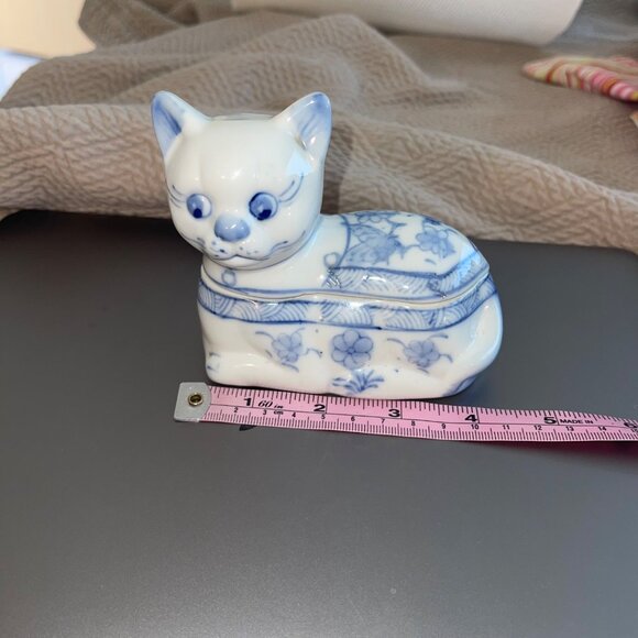 Chinese Cat Dish Jewelry Blue Ceramic Trinket Box Collectible Decor - Picture 6 of 9